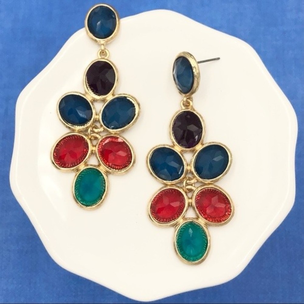 🌼 Multicolor Jewel Tones Gem Gold Statement Drop Earrings